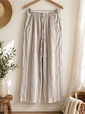 Briggs Linen Blend Striped Wide Leg Pull On Pants Medium